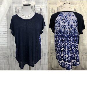 Talbots Large Size Navy Blue Tunic Shirt Linen Floral Flutter Sleeve T-Shirt